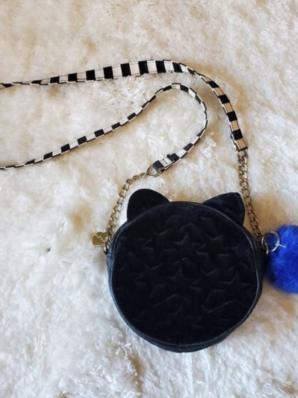 Black Cat Crossbody Bag with Striped Strap